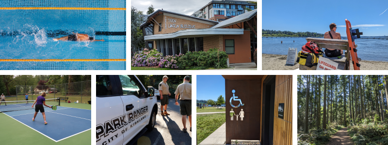 Collage of parks and recreation programs - trails, lifeguards, pickleball, restrooms in parks, teen programs and KTUB