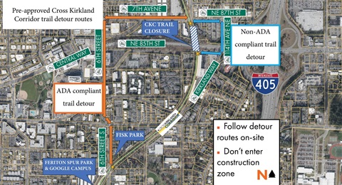 a map showing two detour options for the ckc closure at ne 85th street.