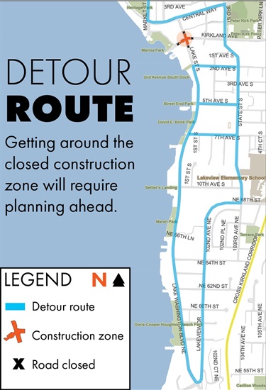 Map of Lake Street pedestrian scramble shows detour using Lakeview Drive, Seventh, Fifth and Second avenues south.