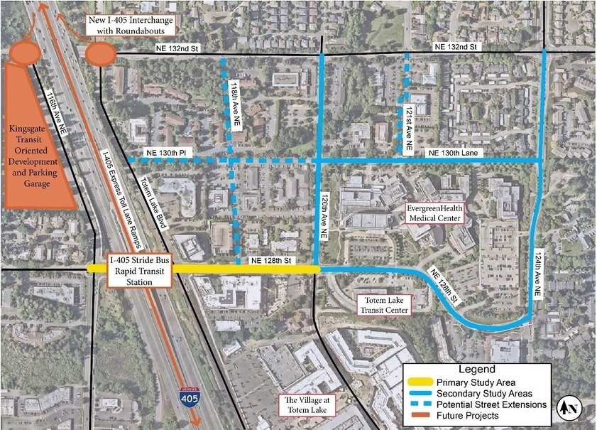Map of NE 128th Study area including potential street extensions and upcoming highway projects