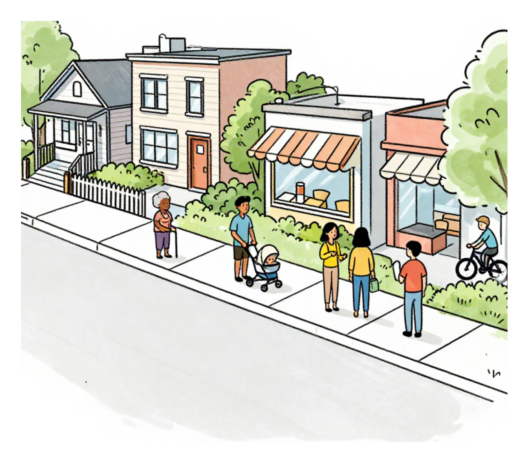 Cartoon street scene with neighborhood businesses and homes Cartoon street scene with neighborhood businesses and homes